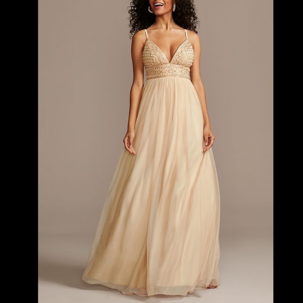 David’s Bridal deep-v pearl beaded bodice tulle